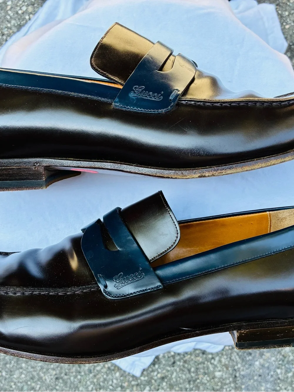 Gucci Men’s Chestnut & Navy Two-tone Penny Loafers, size 13